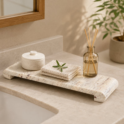 Rectangular 16x4 Inch River White Marble Tray with Feet, Perfect Vanity Riser for Bathroom Countertops, Kitchen Sink Organizer for Soap Perfume Jewelry