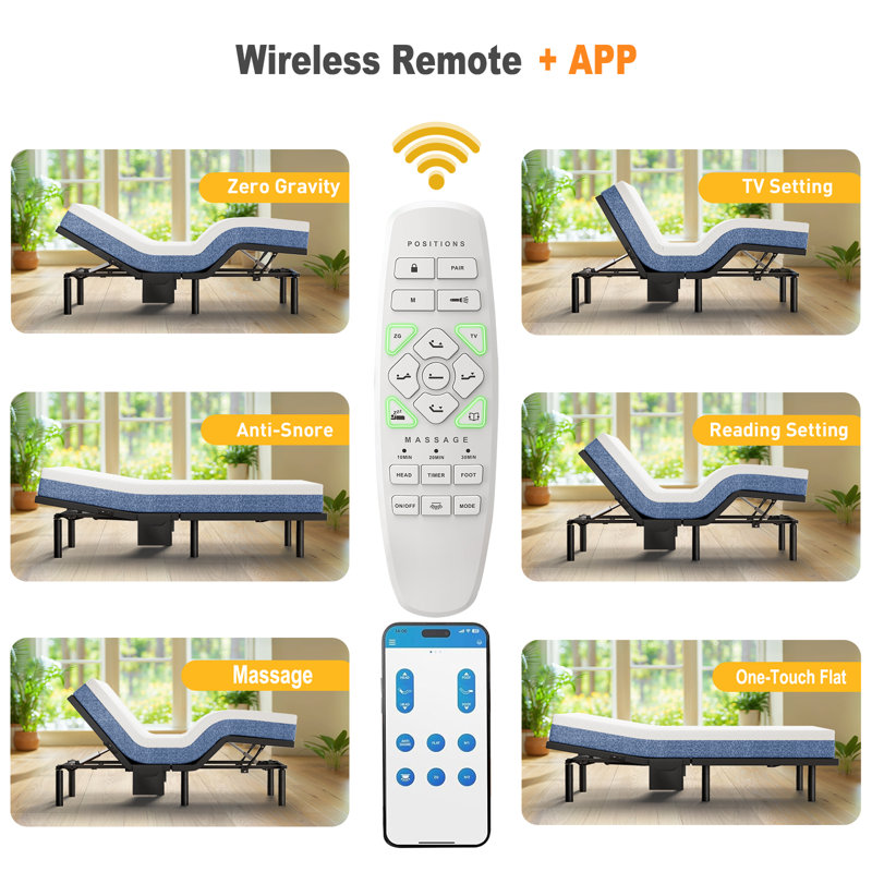 Lit réglable Taha avec application de massage connectant la base de lit réglable avec 4 options de hauteur, lit réglable sans fil avec veilleuse sous le lit