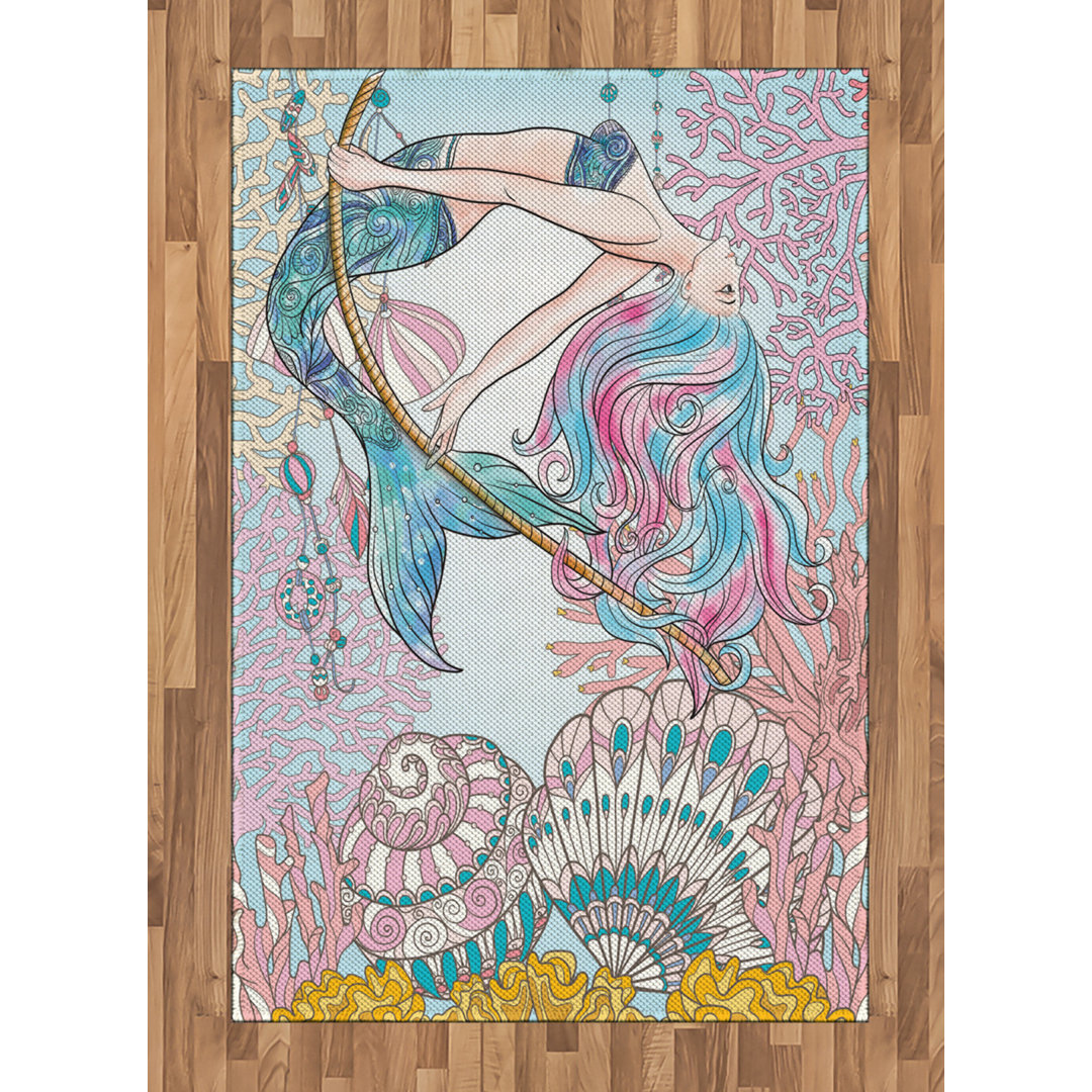 Mermaid Cartoon High Density Long Fiber Poly Threads Decorative Area Rug Carpet East Urban Home Rug 