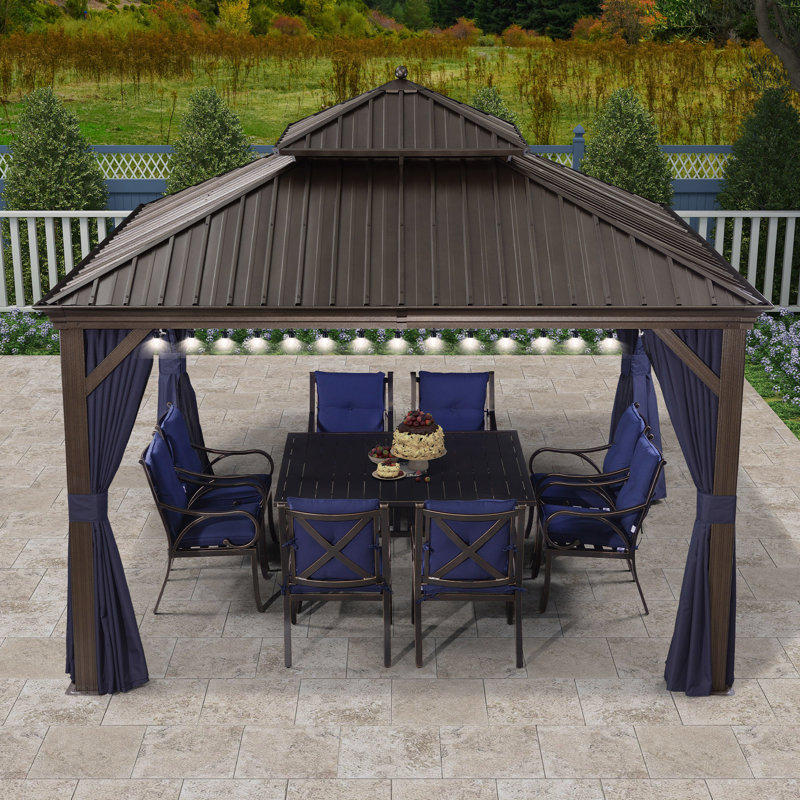 Pavillon de jardin avec toit rigide en aluminium mauve avec lumières de 48 pi, 12 (pi) x 12 (pi)