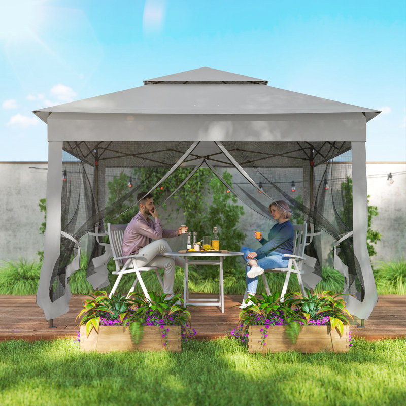 Pavillon de jardin escamotable à 2 niveaux avec filet et filet, Gris clair
