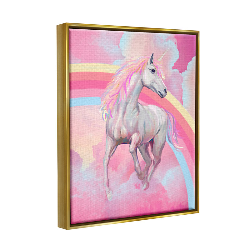 «Pink Unicorn & Clouds», impression sur toile par Ziwei Li, Cadre flottant métallique doré, H 21 po x l 17 po x P 1,7 po