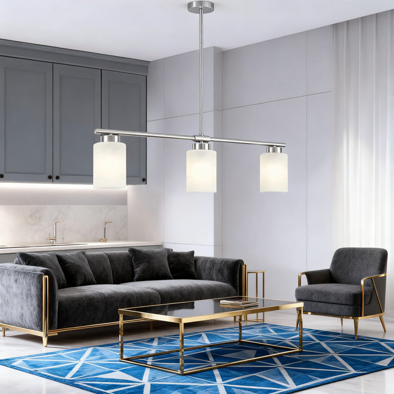 Lustre linéaire à 3 lumières avec abat-jour en verre laiteux, luminaire suspendu réglable pour îlot de cuisine, salle à manger et salon