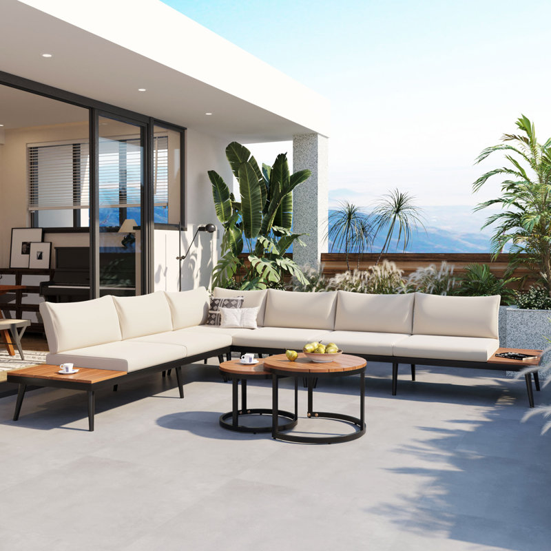 6-Piece Outdoor Sectional Sofa Set With Round Nesting Coffee Tables And Seating Sofa With Cushions For Patio, Porch And Garden