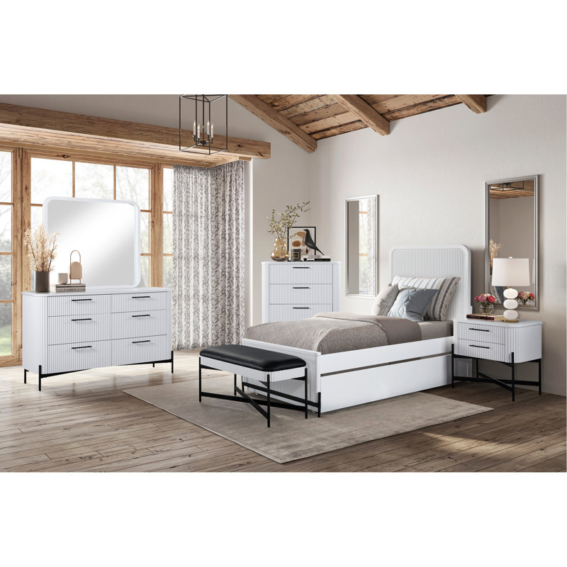 Lit double blanc avec lit gigogne simple et bois massif élégant + placage de bouleau moderne, Blanc