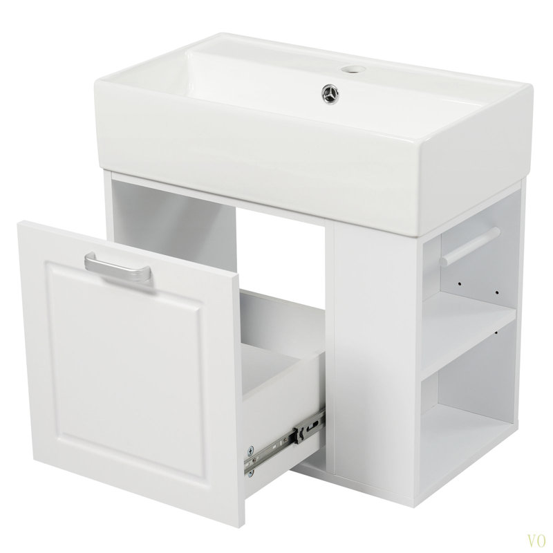 Meuble-lavabo de 21,8 po avec lavabo, armoire flottante murale, grand tiroir, tablette réglable, porte-papier hygiénique, système de fermeture en douceur