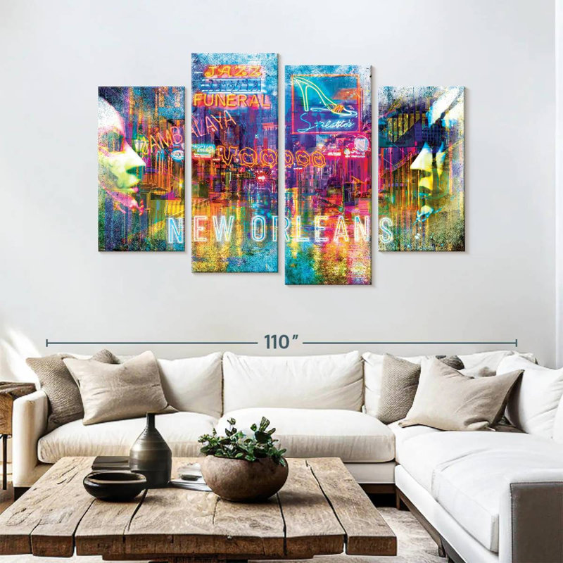 Ensemble de 4 toiles tendues grunge de la Nouvelle-Orléans, H 54 po x l 84 po x P 1,25 po