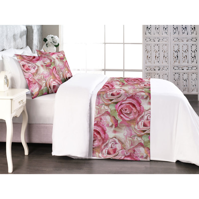 Ambesonne Watercolor Floral Bed Runner Set Greenery Leaves Rose Pistachio Green, King