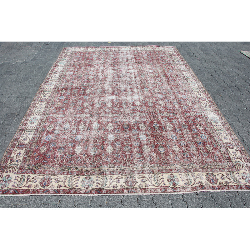 Tapis Oushak rétro en laine - Grand tapis décoratif antique rouge pour la décoration intérieure