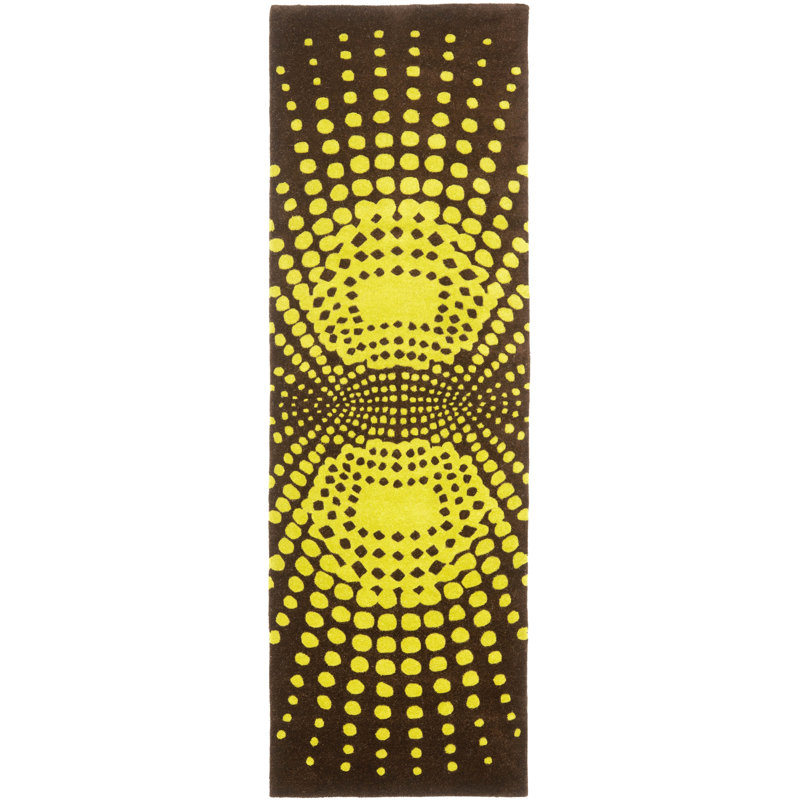 Tapis à pois brun / vert touffeté et fabriqué à la main Amier, Tapis de couloir 2 pi 6 po x 8 pi