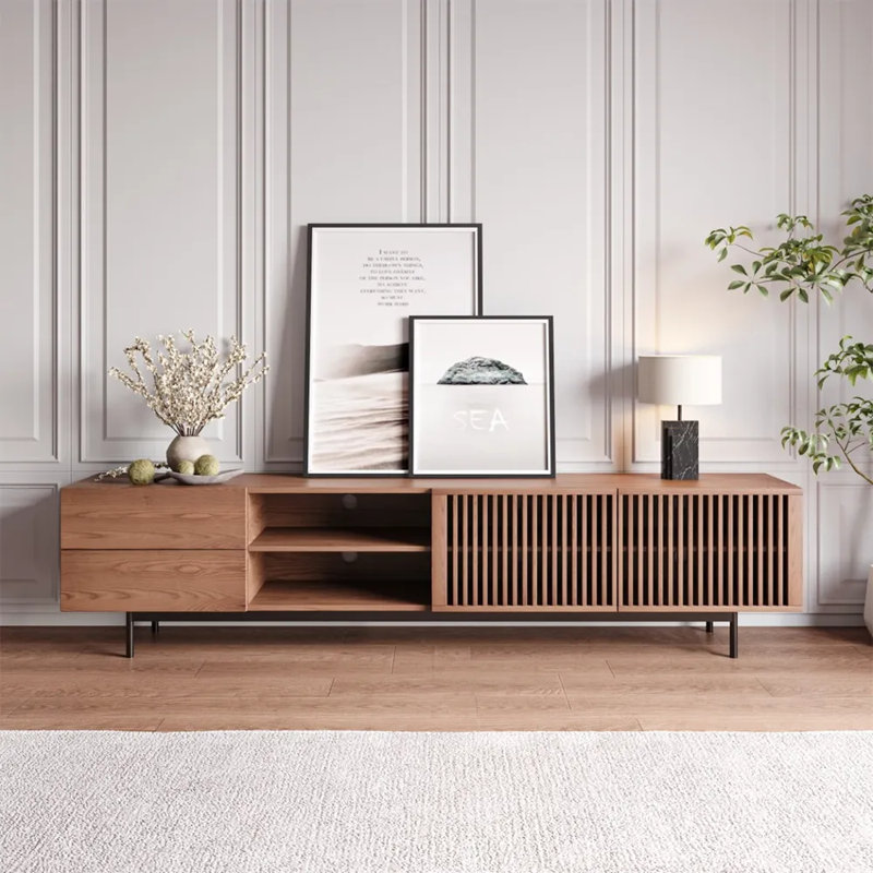 Meuble télé Mid-Century moderne, entièrement assemblé, Brun, H 21,65 po x L 15,75 po x l 70,86 po