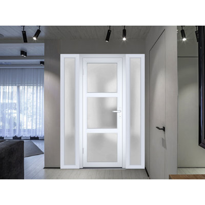 Front Exterior Prehung uPVC Metal-Plastic Door Frosted Glass Manux 8552 White Silk 2 Side and Top Exterior Window Office Commercial and Residential Doors Entrance Patio Garage-W12+30+12 x H80+14-Left-hand Inswing