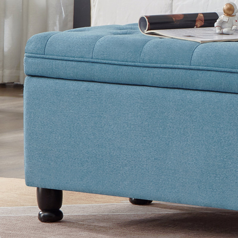 Banc de rangement rembourré capitonné à boutons, banc d'entrée en tissu de lin avec pieds en bois fuselés, banc de lit - bleu clair
