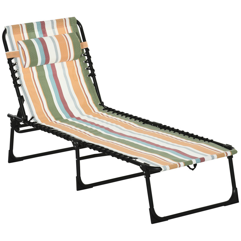 4 Lounge Chair - Folding Chaise Lounge, Breathable Mesh & Bungee Seat, Pillow, Yellow For Yard Outdoor Recline,