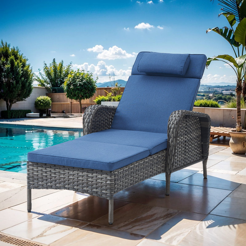 Chaise longue inclinable avec coussins Dahlyla, Bleu, Gris