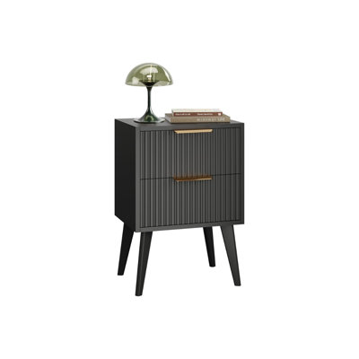 YAUKOMEL Fluted Nightstand with 2 Drawers, Modern Black Bedside Table with Textured Drawer Fronts, Wood End Table for Bedroom & Living Room