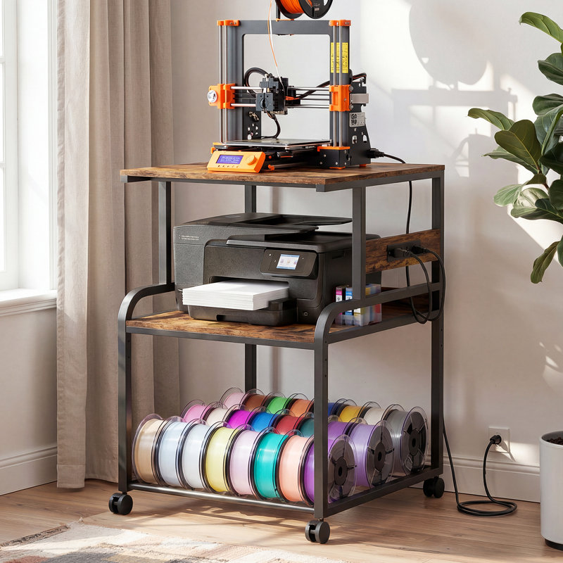 Table d'imprimante à 3 niveaux avec roues verrouillables pour bureau personnel, support d'imprimante 3D 23,6 "x 23,6" avec prise de courant