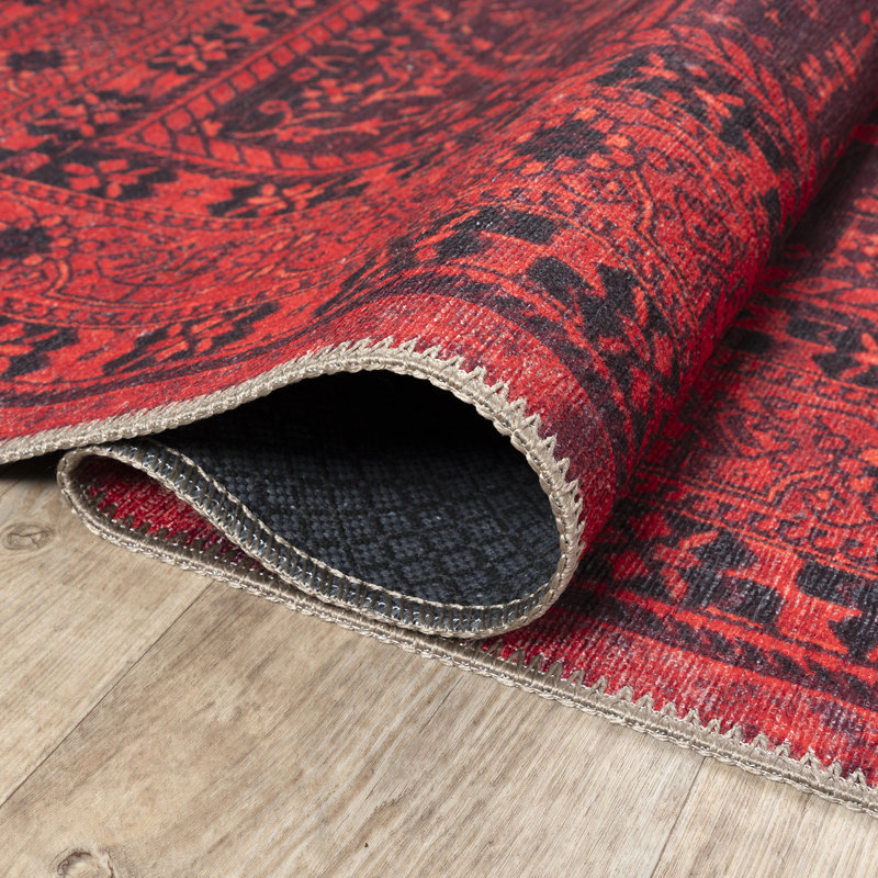  Washable Non-Slip Rug - Red Traditional Bordered Runner for Entryway, Hallway, Bathroom, and Kitchen, Rectangle 8' x 10'