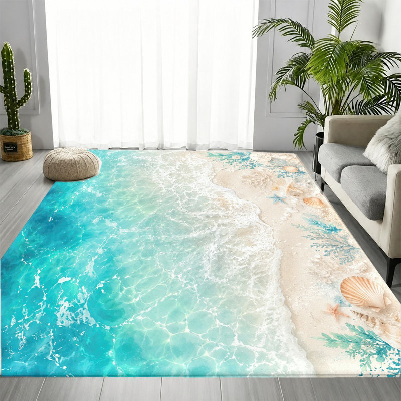 Tapis de plage à motif vagues océaniques, sable, coquillages et eau turquoise réalistes, design artistique, antidérapant, décoration intérieure vibrante pour salon, chambre, entrée, cuisine, balcon, appartement