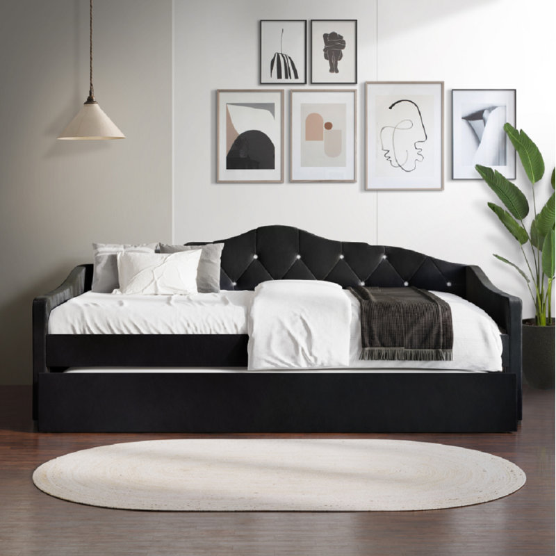 Lit de jour simple en velours avec couchette Caitronia, Noir