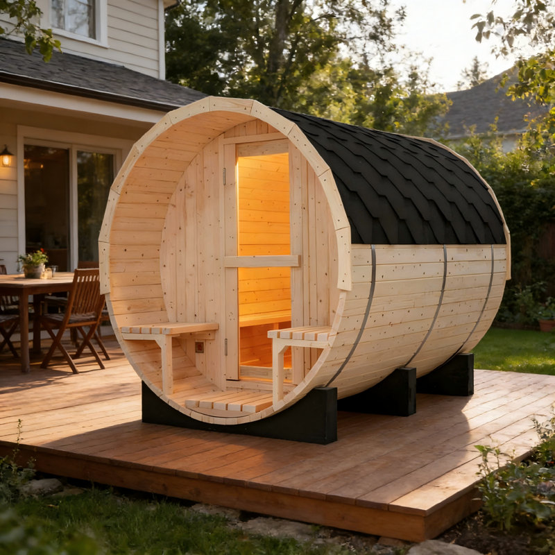 6 Person Outdoor 6KW White Pine Wood Barrel Sauna With Tempered Glass Door And Porch Benches For Backyard Patio
