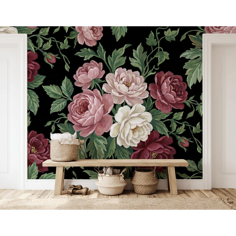Papier peint vintage à motifs floraux, fresque murale noire unie., 200"x120", Non-Woven Nonpasted