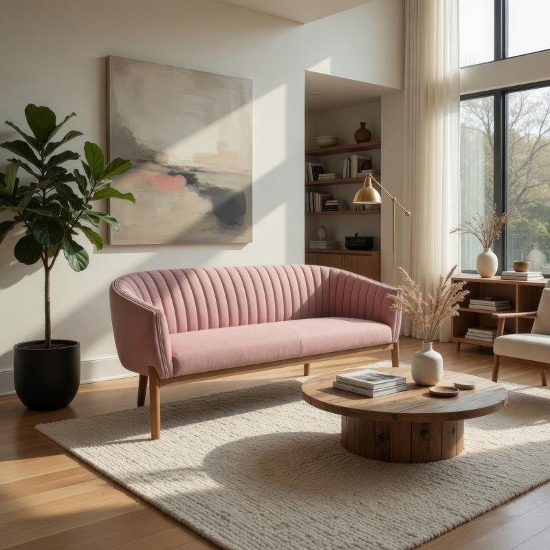 Fery Loveseat, Blush Pink Fabric Channel Stitched Back, Brown 55 Inch, Blush Pink