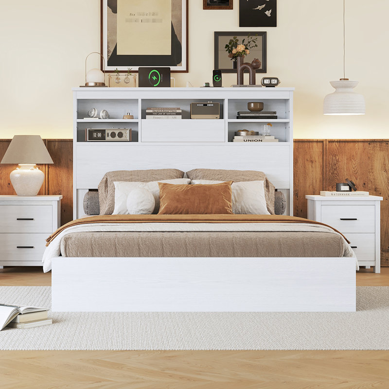 Grand lit rétro avec compartiments de rangement pour tête de lit et plateforme de chargement de style blanc, Blanc