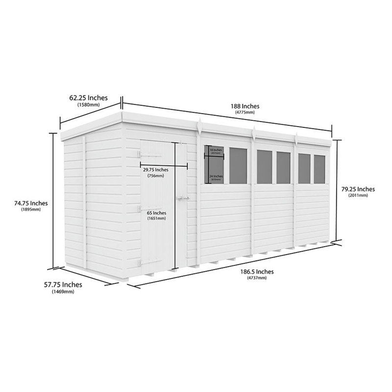 16ft x 5ft Pent Shed - Single Door with Windows