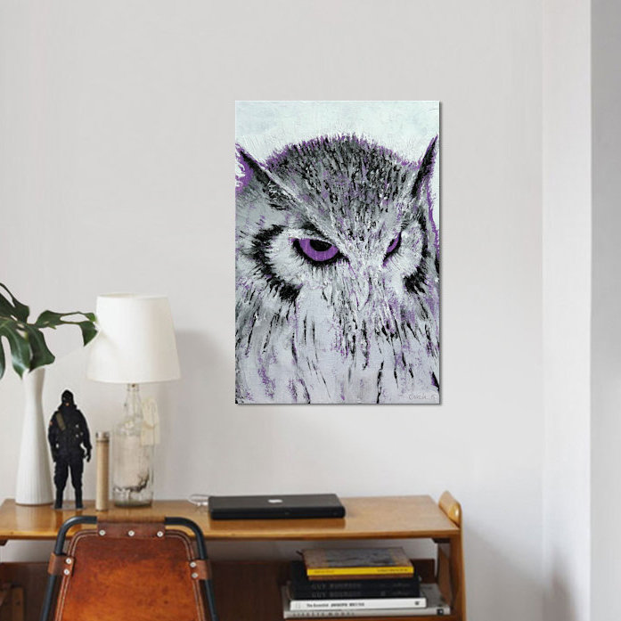 « mauve hibou », reproduction d’art sur toile, H 26 po x l 18 po x P 1,5 po, Toile avec cadre noir, Pas de tapis