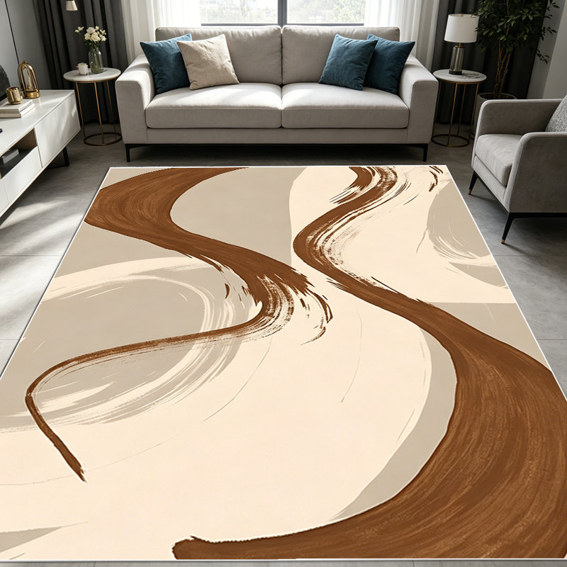 1PC Abstract Neutral Brown Wavy Brushstroke area rugs for Living Room, Soft and Comfortable, Suitable for all seasons, easy-to-maintain, machine washable Indoor floor mat, Under Table Farmhouse suitable for dining table, bedroom, entryway, home