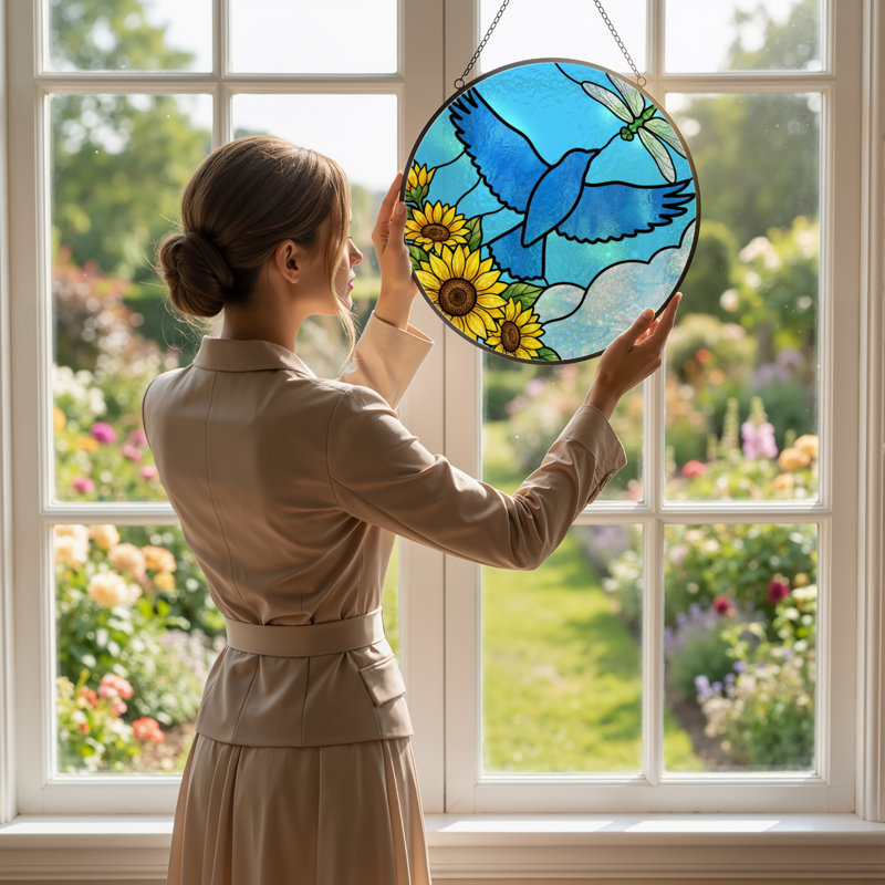 7.8"H Bird Sunflower Stained Glass Window Panel, 7.8" H x 7.8" W
