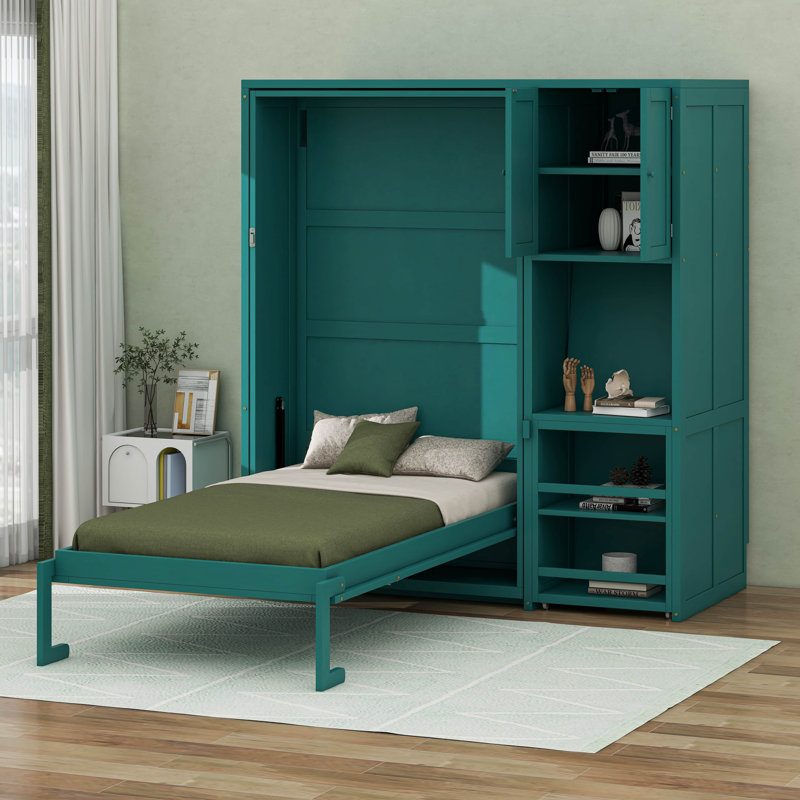 Lit escamotable simple avec bibliothèque de rangement, bureau et armoire extensibles, lit escamotable caché en bois avec bureau et tablettes