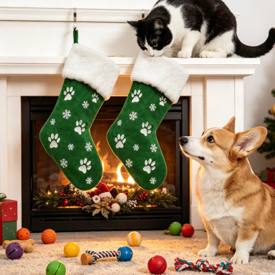 Ensemble de 2 bas de Noël de 18 po - toile de jute avec grande manchette moelleuse, broderie empreinte de pied d'animal de compagnie, bas de Noël pour manteau de cheminée, décoration de fête de Noël, bourre de cadeaux de famille