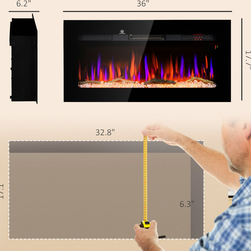Chaufferette électrique murale 36 "- 1500W, télécommande, minuterie 8H, flamme réglable, bûche et cristal, acier noir, 1500W efficace, sortie de chaleur