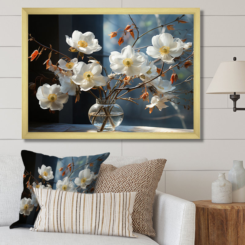 «White Yellow Dogwood Stillife», reproduction d'art sur toile, H 30 po x l 40 po x P 1,5 po, Cadre doré à une seule photo