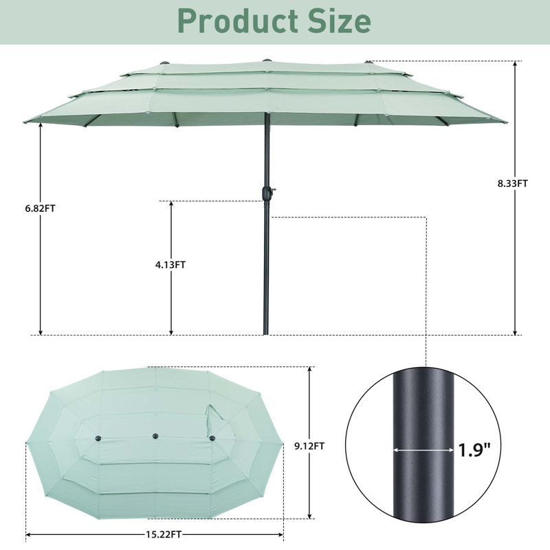  Parasols de patio d'extérieur de 15 pi, parasol ventilé à 3 niveaux et grande table de marché, Vert citron