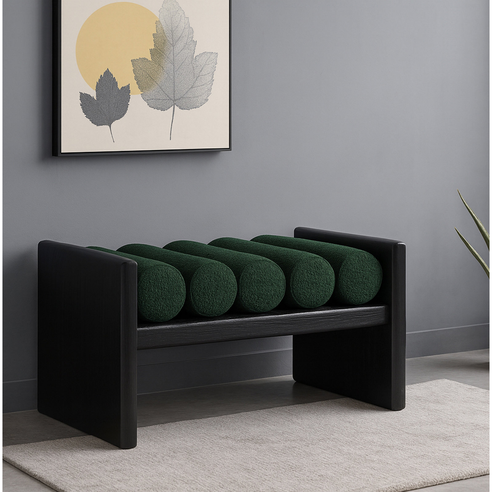 Waverly Bedroom Bench, 18" H x 32" W x 19" D, Green Boucle Fabric / Black Finish