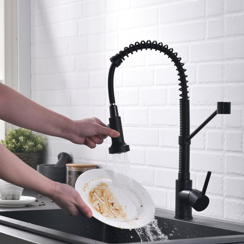 Black Kitchen Faucet, Pull Down Spray, Brass Construction, Single Handle, Temperature Control Sink Faucet With Out , Black, Brass, Hole Hot And Cold Valve