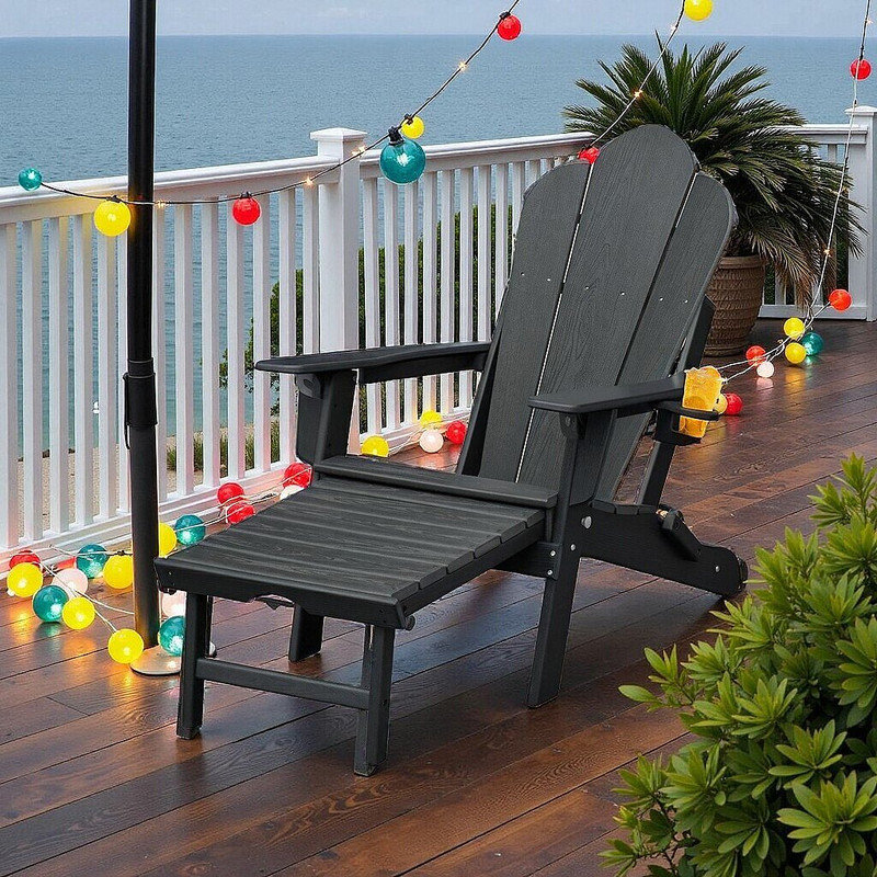 HDPE Folding Adirondack Chair Lounge with Ottoman & Ergonomic Design, Black