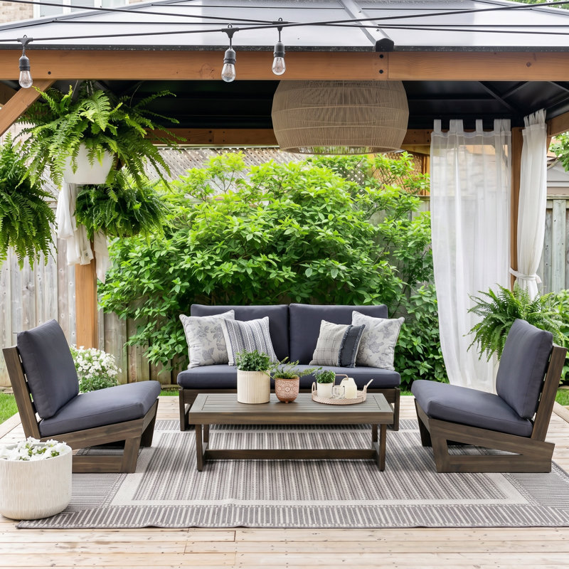 Louise Acacia 4 - Person Patio Conversation Set with Cushions, Grey Frame/Dark Grey Cushion