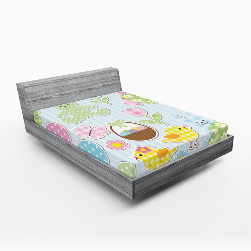 Ambesonne Fitted Sheet 2-Pack, Sky Blue/Yellow/Pink Striped/Polka Dots/Gingham, King Fitted Sheet