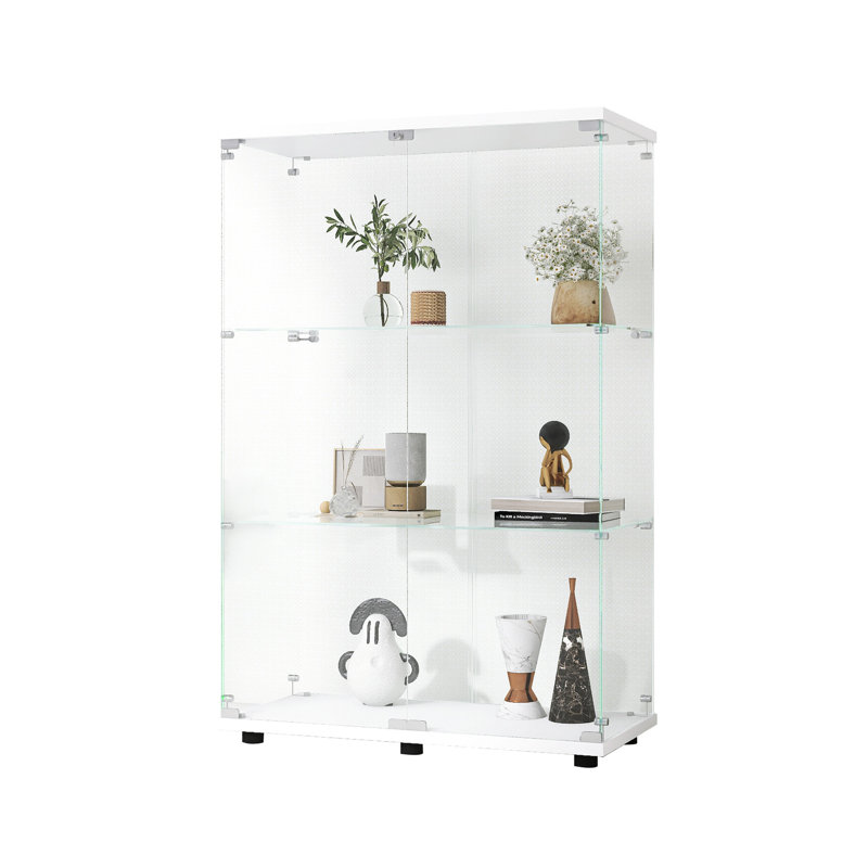 White Two-Door Glass Display Cabinet, 3 Shelves, 49.3"X31.7"X14.3" - Floor Standing For Office Holds Jewelry, Bags, Shoes, Figures, Wine, Whisky, Artwork, Medals 49.3" Height X 31.7" Length 14.3"