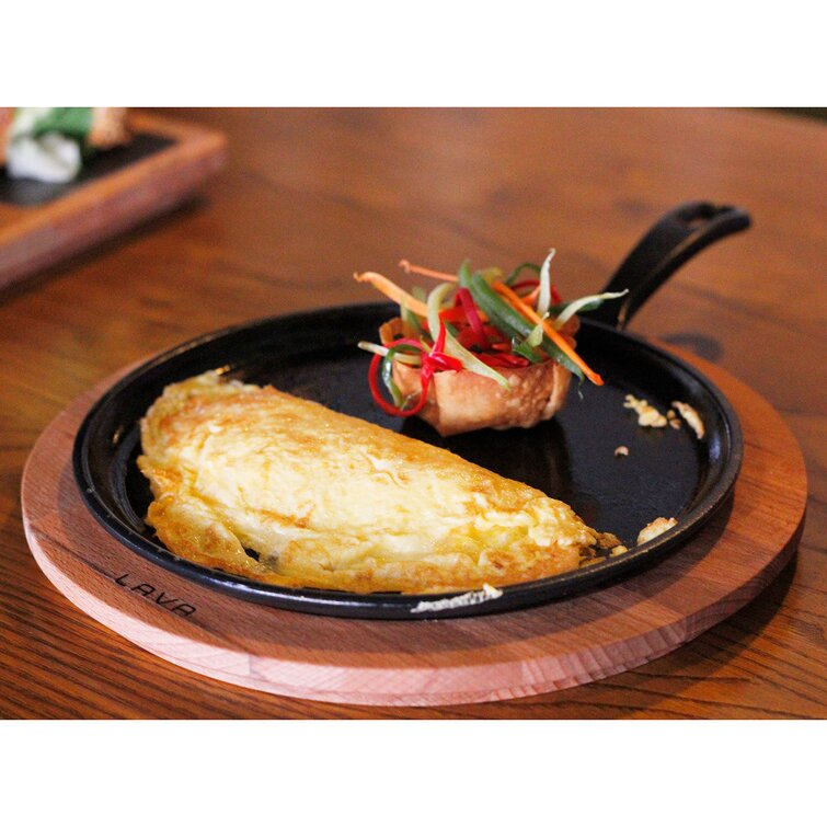 Lava Enameled Cast Iron Pizza Pan-Crepe and Pancake Pan 8 inch-with Beechwood Service Platter, Size: W:9.68 Large:13.18 H:1.77, Black