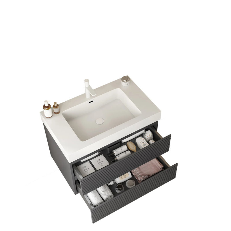 Meuble-lavabo de salle de bain avec lavabo encastré, meuble de rangement mural moderne rayé en contreplaqué flottant avec 2 tiroirs, lavabo rectangulaire intégré blanc sans robinet