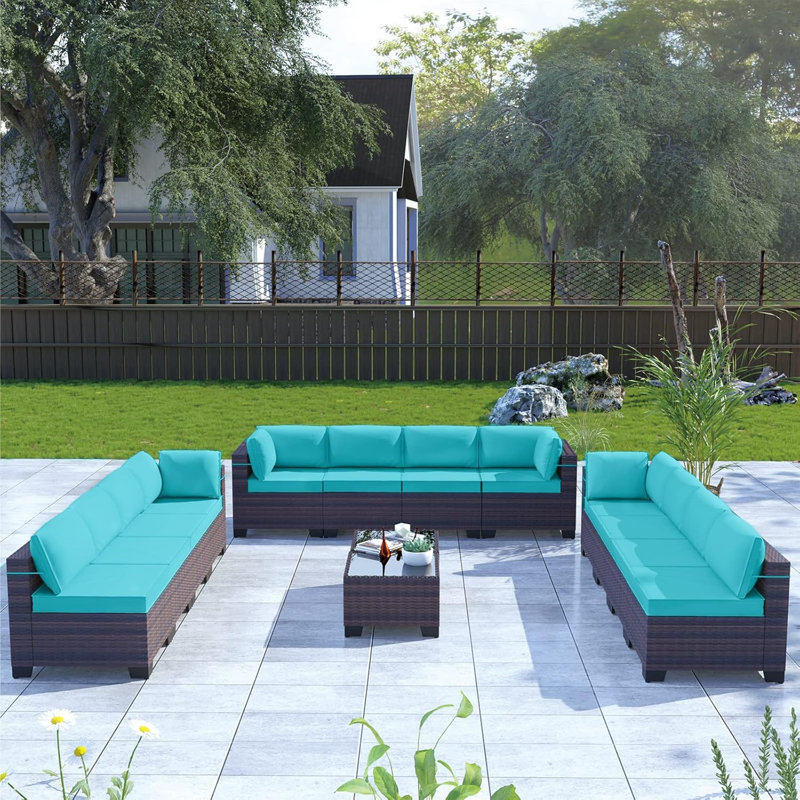 Demaio 14-Piece Rattan Sectional Seating Group With Cushions Modular Outdoor Furniture Set For Patio Garden And Poolside