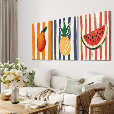 3 pièces, art mural sur toile à la mode, art de cuisine rétro, mangue colorée, ananas, melon d'eau, décoration murale, impression d'art abstrait pour la cuisine, la salle à manger, le salon, 16 po x 24 po