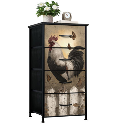 Commode rustique rustique pour la chambre à coucher avec 4 tiroirs de rangement, commode à coq rétro, commode à papillons et armoire en acier pour vestibule
