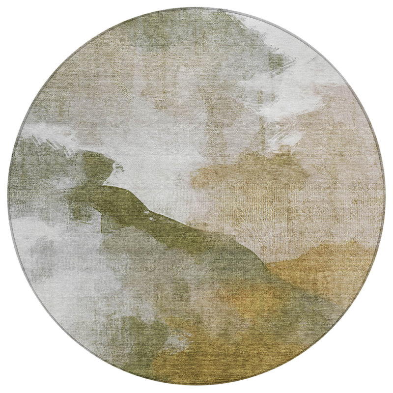 Machine Washable Indoor/Outdoor Xhevrie Green Rug, Round 8'