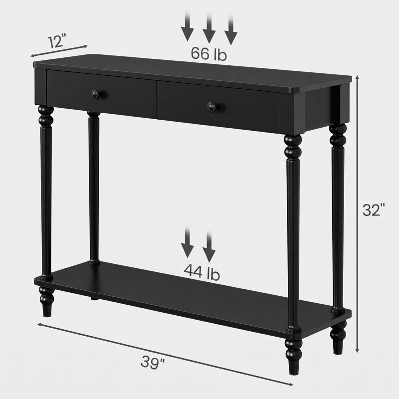 Console de 39 po avec tablettes et tiroirs, canapé d'entrée de style Mid-Century moderne, Black